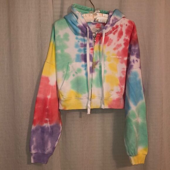 ivory ella M Crop Tie Dye Full Zip Drawstring Hoodie - Picture 1 of 12
